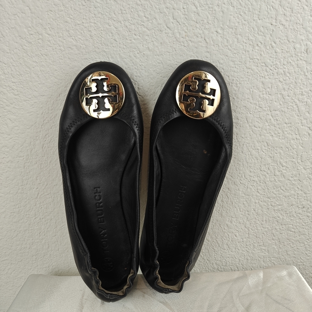 Tory Burch Claire Ballet Flats Black Gold Slip On Size 8 Women's - Picture 10 of 13